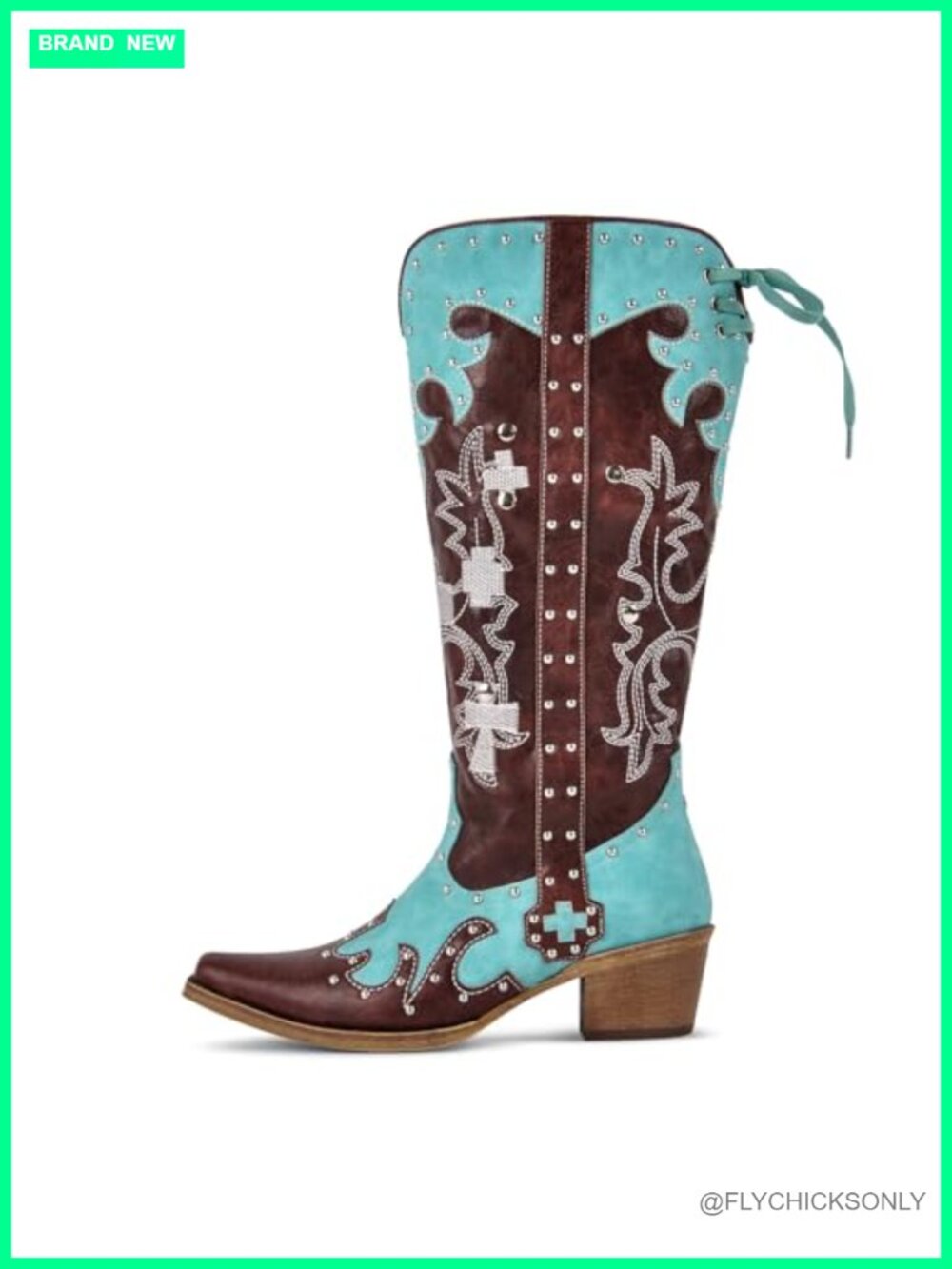Faux Leather Knee High Western Boots Pointed Toe Low Block Heel Lace Up Back